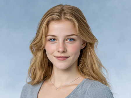 Portrait of a blonde young woman with blue eyes.の素材