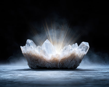 Luminous quartz crystal cluster radiating light on dark background.の素材