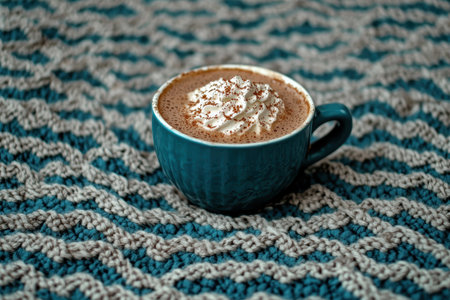 Cozy hot chocolate with whipped cream on blanket.の素材