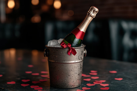 Celebratory champagne bottle chilling in ice with heart confetti.の素材