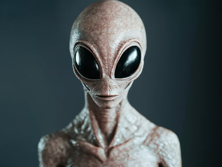 Eerie portrait of a grey alien with large eyes.の素材