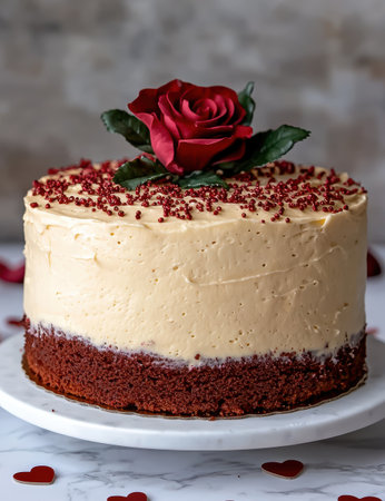 Elegant red velvet cake with rose decoration.の素材