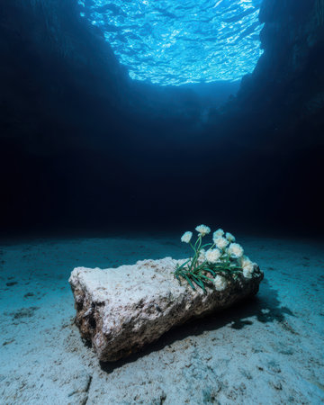 Underwater flowers rest on a rock in the ocean.の素材