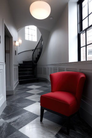 Elegant hallway with red chair and winding staircase.の素材