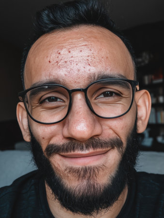 Smiling man with glasses shows forehead acne.の素材