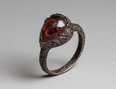 Ornate silver ring with brown gemstone, vintage jewelry.の素材