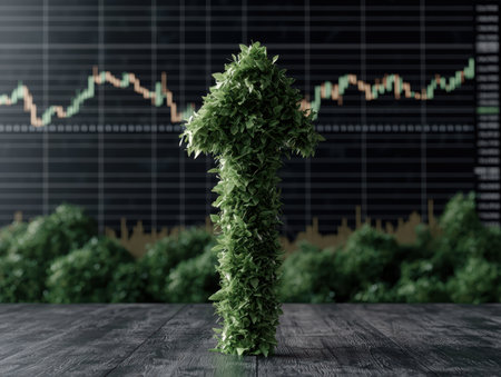 Green arrow plant symbolizing growth in financial markets.の素材