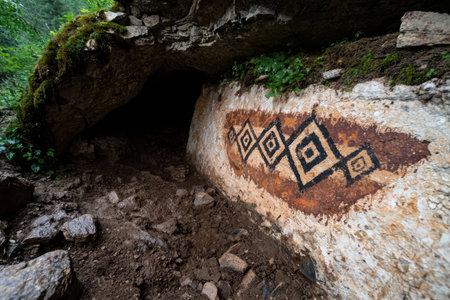 Ancient cave with mysterious tribal paintings on wall.の素材