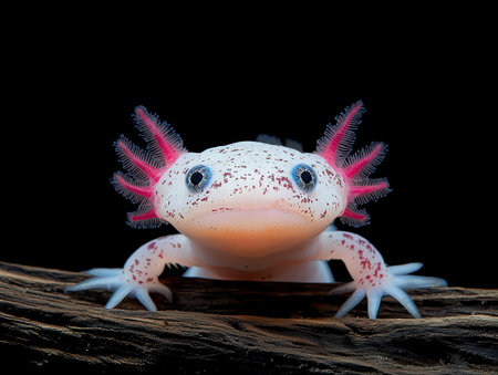Albino axolotl salamander with pink gills on wood.の素材