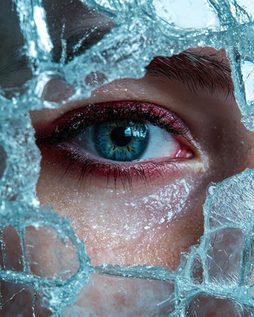Intense blue eye peers through shattered glass.の素材
