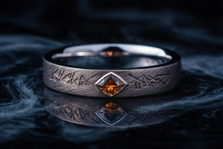 Elegant silver ring with orange gemstone and runes.の素材