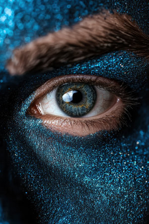 Close-up of a mesmerizing eye with glittery blue makeup.の素材