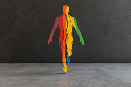 Colorful human silhouette with rainbow colors on dark background.の素材