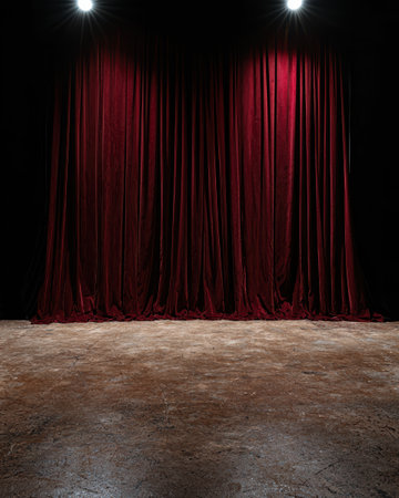 Dramatic red velvet curtain on a theater stage.の素材