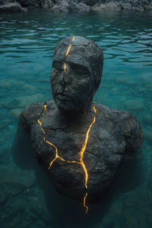 Stone bust with golden cracks emerges from water.の素材