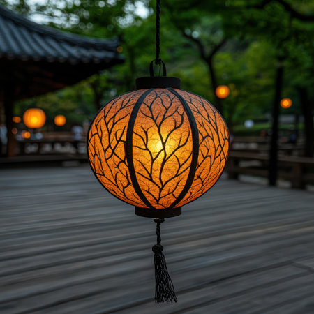 Glowing lantern illuminates a tranquil Asian garden at night.の素材
