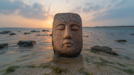 Ancient stone head sculpture emerges from tranquil ocean waters.の素材