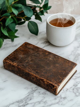 Vintage book with tea and plant on marble surface.の素材