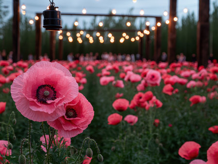 Dreamy poppy field under string lights at dusk.の素材