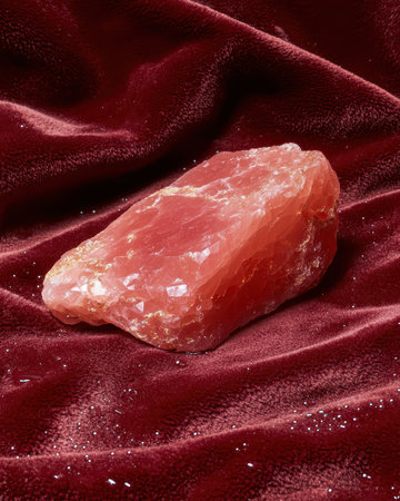 Rose quartz chunk resting on red velvet fabric.の素材