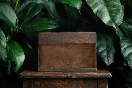 Elegant brown box on a wooden surface.の素材