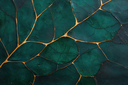 Emerald green kintsugi art with gold veins.の素材