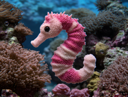 Whimsical crocheted pink seahorse floating in a vibrant aquarium.の素材