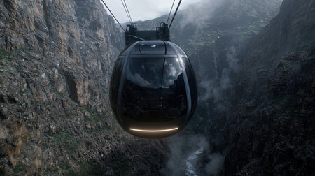 Futuristic gondola ascends a rugged mountain canyon.の素材