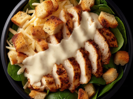 Healthy salad with grilled chicken and creamy dressingの素材