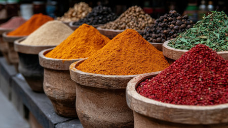 Vibrant display of spices in earthen pots.の素材