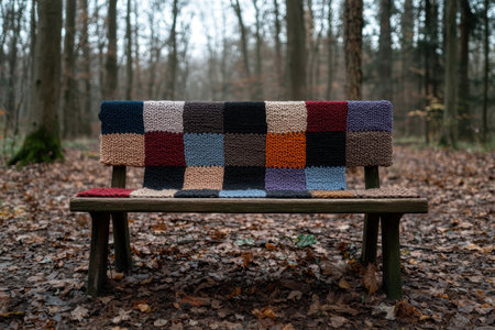Colorful knitted blanket on wooden bench in forestの素材