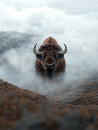 Majestic bison emerges from ethereal mist in nature.の素材