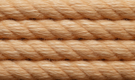 Close-up of a coiled, natural tan rope texture.の素材