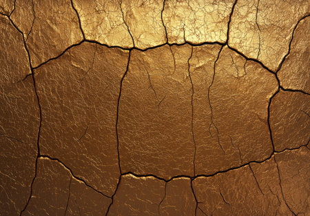 Cracked golden surface with intricate network of fissures.の素材