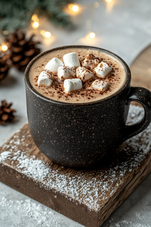 Cozy hot chocolate with marshmallows on rustic wooden board.の素材