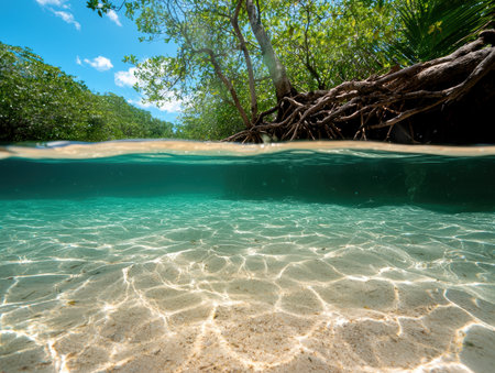 Crystal clear ocean water meets lush tropical trees.の素材