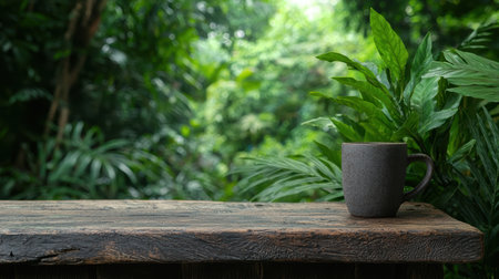 Rustic mug on wooden table with lush greenery backdrop.の素材