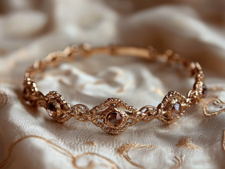 Elegant golden bracelet with gemstones on silk fabric.の素材