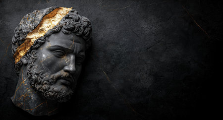 Dramatic marble bust with gold accents on dark background.の素材