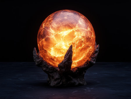 Glowing orb held by gnarled, dark hands.の素材