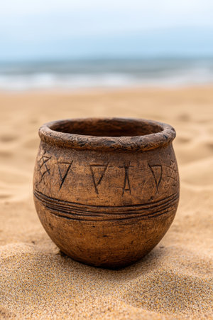 Ancient pottery vessel with carved patterns on sandy beach.の素材
