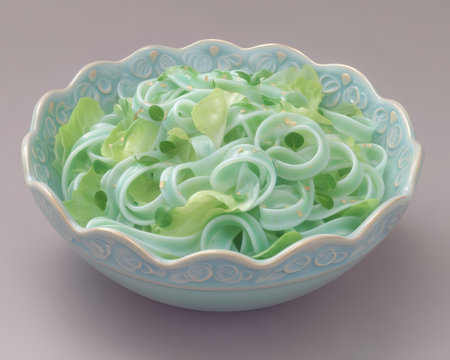 Minty green pasta salad in a decorative bowl.の素材