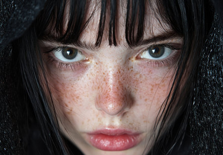 Intense portrait of a young woman with freckles.の素材