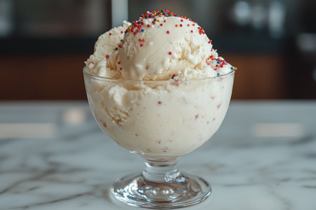 Delicious vanilla ice cream sundae with colorful sprinkles.の素材