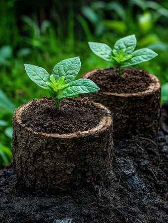 Fresh seedlings sprout from rustic wooden planters.の素材