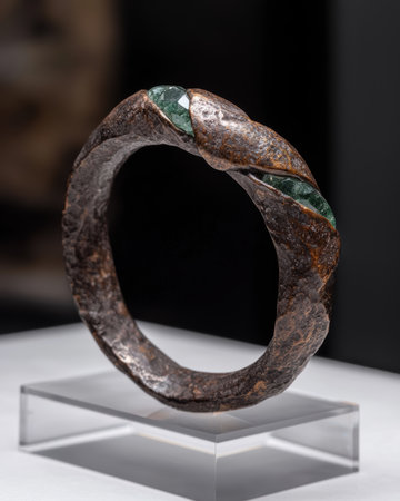 Ancient bronze bracelet with green gemstone inlay.の素材