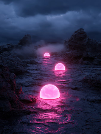 Eerie landscape with glowing pink orbs in water.の素材