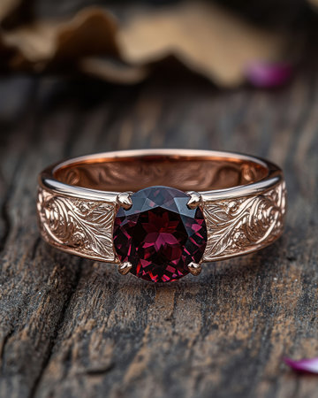 Elegant garnet gemstone ring with intricate gold band.の素材