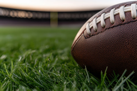 American football sits on green grass field.の素材