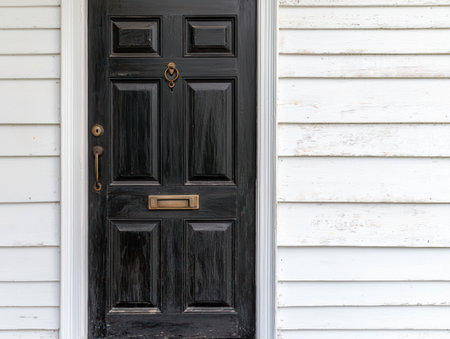 Elegant black front door with brass hardware.の素材